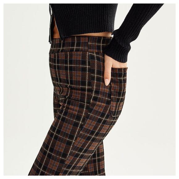 Retro High Rise Plaid Flare Pants Brown Black Ponte Knit Retro Y2K Size Medium - Picture 5 of 12